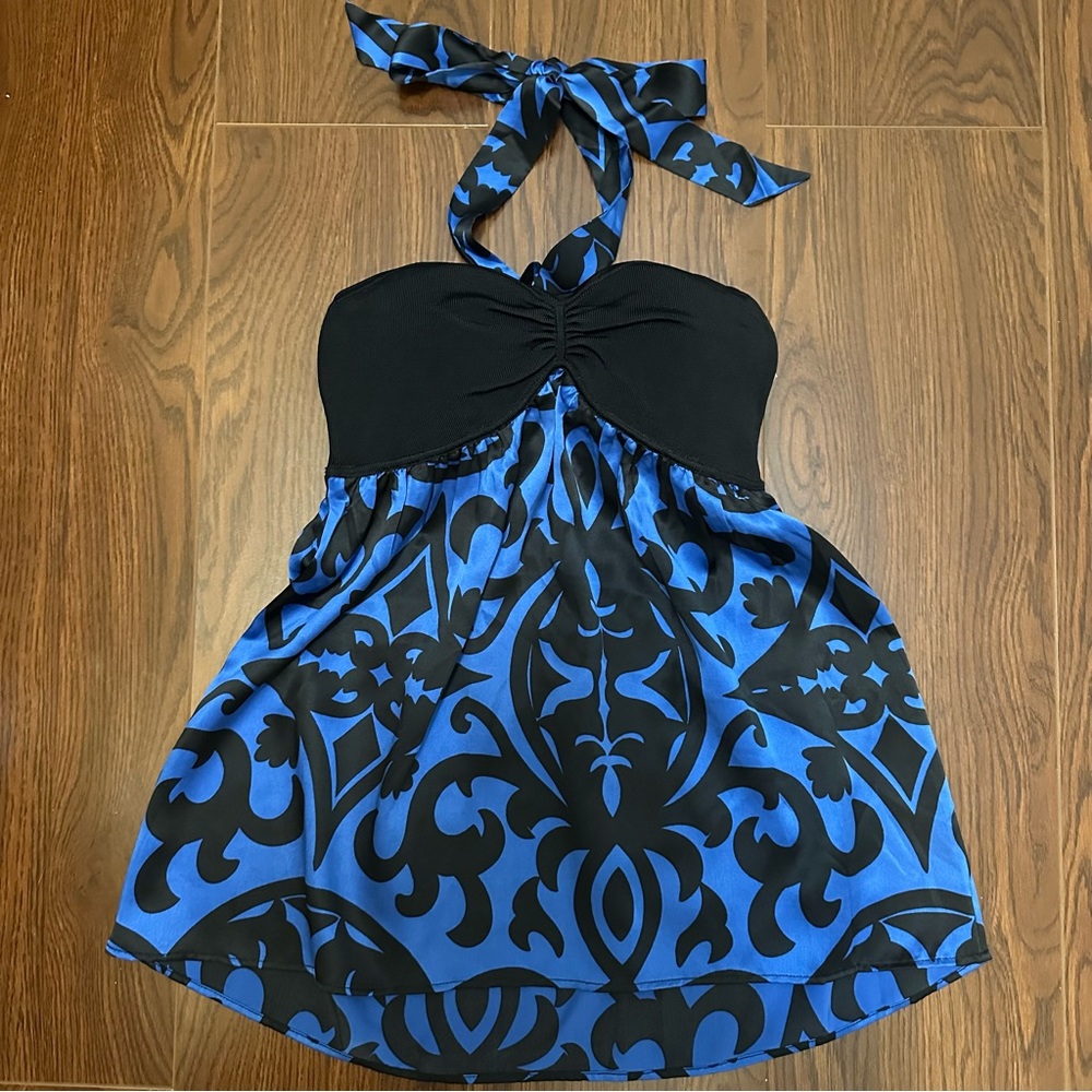 NWT! INC Halter Sweetheart Neck Tie Top Blue & Black Print